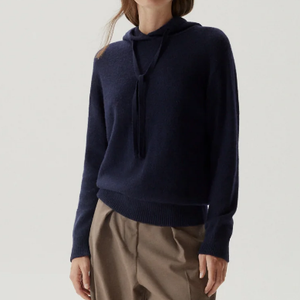 Cropped <strong>Navy</strong> Pullover Inner Mongolia Knit 100% Cashmere Sweaters With <strong>Hoodie</strong> for <strong>Women</strong> - Product Image 2