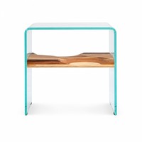 Table d'appoint moderne en verre cascade, étagère en bois lamellé sculpté motif vague, bord turquoise, OEM ODM pour hôtel, appartement, villa, chambre