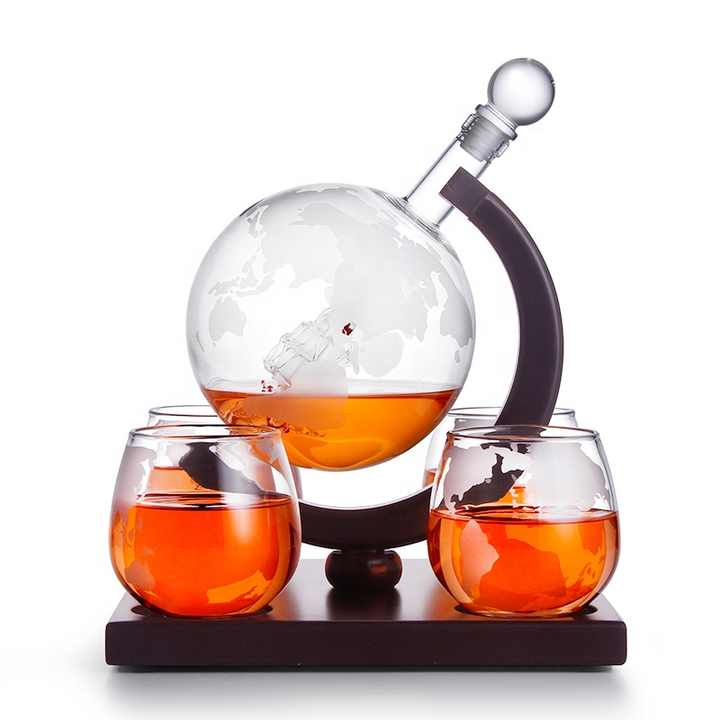 Jillmo Whiskey Globe Decanter Set With 2 Glasses - 1000ml Lead-Free Crystal, Wooden Stand, Perfect Gift For Men & Dads