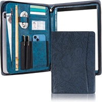 Porte-documents en cuir PU vegan bleu foncé à motif floral gaufré, pour hommes et femmes, format A4, avec pochette pour ordinateur portable et fermeture éclair, idéal comme cadeau