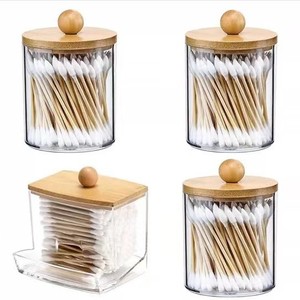Transparent Cotton Swab Storage <b>Box</b> <b>With</b> Wooden <b>Lid</b> For Desktop Cosmetic Organization 2 Layer Design Dust Proof Plastic - Product Image 2