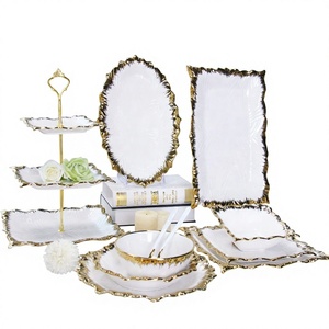 Modern Luxury Middle Eastern Style Gold Edged Porcelain Dinnerware White Square Pattern Oval Rectangular <b>Ceramic</b> Dish Gold Edge - Product Image 4