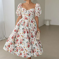 Robe d'été pour femmes sur mesure, à imprimé floral français, à manches courtes, taille empire, robe élégante en forme de A, à manches bouffantes, fabricant