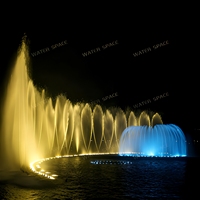 Fontaine musicale flottante géante personnalisée pour usine, avec jets entrelacés et éclairage coloré pour spectacle aquatique nocturne sur lac