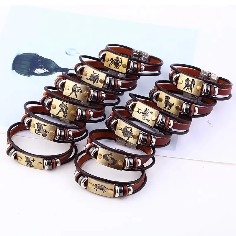 Special Women Men Anniversary Lucky Gift Pcs Signs Leather 12 Zodiac bracciale Charms