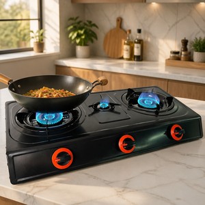 Table de cuisson à gaz 3 brûleurs avec <span class=keywords><strong>plaque</strong></span> auxiliaire, 2 grandes et 1 petite, flamme bleue haute efficacité pour grande maison, famille, restaurant - Product Image 3