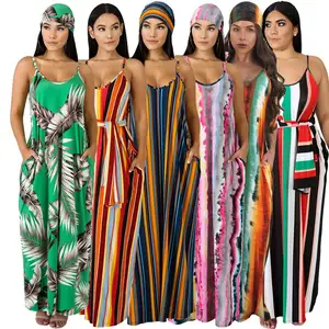 Women Summer Beach Plus size Sling Print Maxi Dress With Scarf