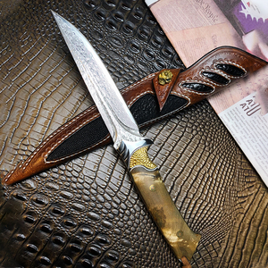 Damascus thép thẳng dao rèn tích hợp Keel gấp dao với bóng trắng gỗ xử lý và da trường hợp - Product Image 4