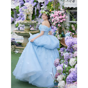 Blue Ball Gown Wedding Dress Strapless Empire Waist Puffy Princess Style For Bridal Events And Coming Of Age Ceremonies - Product Image 4