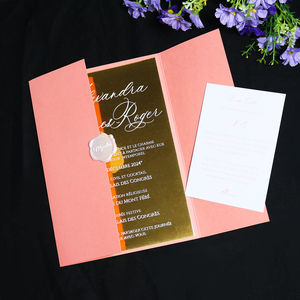 Sang Trọng Tùy Chỉnh Vàng Gương Thẻ Giấy Tem Nóng Trắng Lá Lời Mời Với Màu Hồng <span class=keywords><strong>Gatefold</strong></span> Áo Khoác Sáp Trắng Con Dấu Phong Bì - Product Image 2