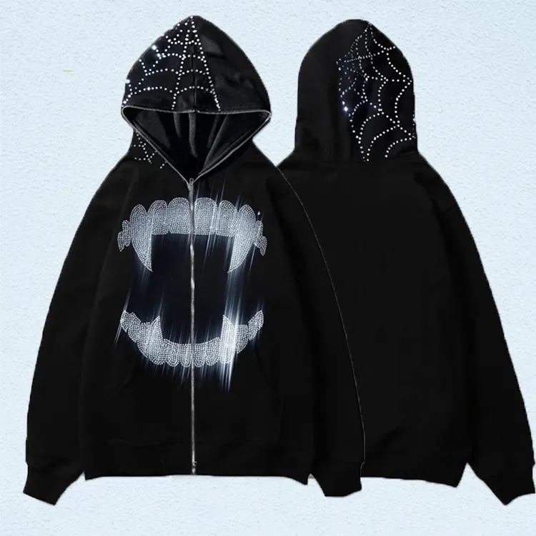 Huili OEM manufacturer hip hop dark men spider heavy weight full zip up hoodie custom rhinestone