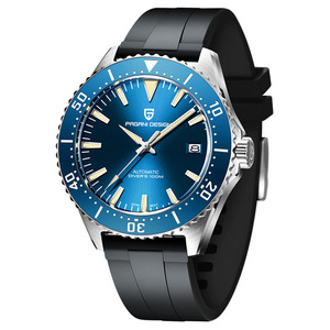 Montre de plongée automatique pour homme PAGANI DESIGN, cadran bleu 42 mm, résistante à l'eau jusqu'à 100 m, bracelet en caoutchouc noir - Product Image 1