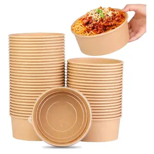 Wholesale Disposable Round Take Away Kraft Paper Salad Bowl With Pet Lid Kraft Paper Bowl Restaurant Food Take Out Bowls