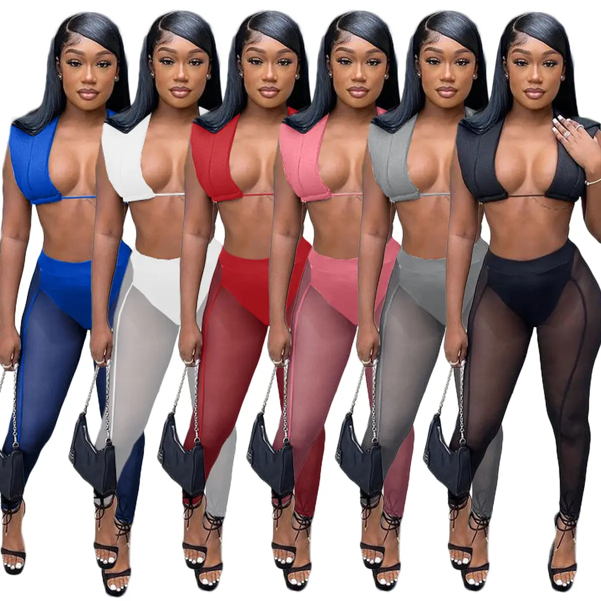 2024 New Design Solid Color Fashion Mesh Gauze Spring Summer Bikini Swimsuit Sleeveless Top Long Pants Casual Suit Clothes Women