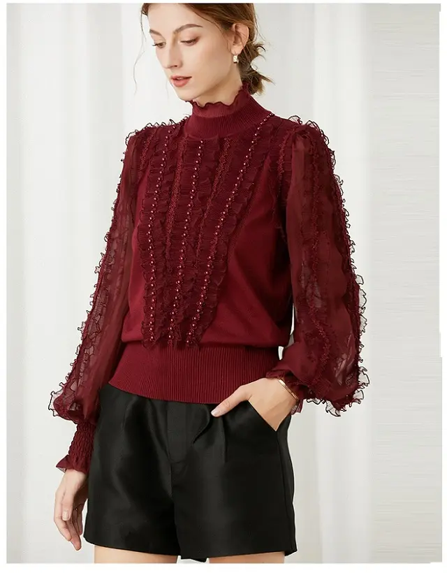 High Quality Sweaters 2021 Autumn Winter Tops Women Hand Made Beading Lace Patchwork Long Sleeve Wine Red Black White Jumper