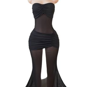 Top court noir sans bretelles en maille patchwork respirant style vintage sexy pour femme, coupe ajustée, à porter seul - Product Image 5