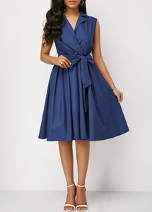 Nuovo Abito Estivo Casual da Donna Personalizzato, Vestito Mini con Vita Naturale, Traspirante, Vestibilità Comoda, Tinta Unita, Maniche Corte, Cintura e Volant - Product Image 4
