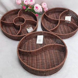 Round Divided Rattan Tray For Home <b>Storage</b> Fruit Snack Living Room Tabletop Handmade - Product Image 1