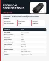 Conectores Eléctricos Redondos Hembra de 4 Pines IP68, 17.5A 450V CA, con Abrazadera de Tornillo para Iluminación LED de Calles