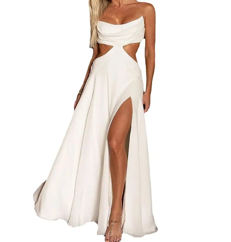 Y220239 Sexy Split Beach Dress Hosenträger Weiß Unregelmäßige Nähte Falten Damen und Damen Abend party Kleider