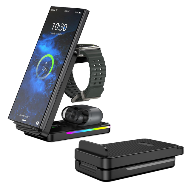 15W Foldable 3 in 1 Wireless Charging Station with RGB Ambient Light Desktop Fast Charger Stand for Samsung S26 Watch EarBuds