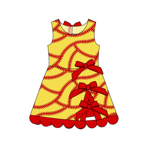 Vestido de Verano para Bebé Niña, Modelo GSD3834, Estampado de Béisbol Amarillo, Sin Mangas, Venta al Por Mayor, Vestido de Yoga - Product Image 1