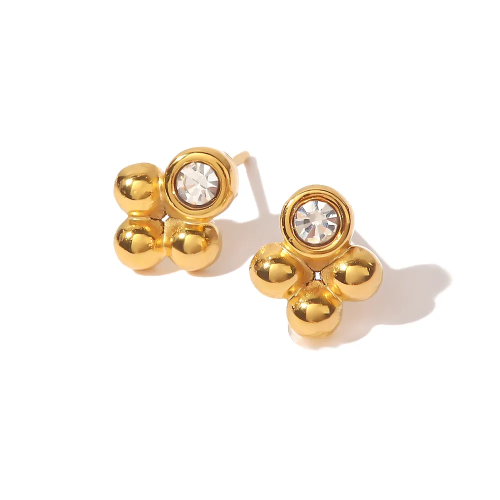 Classic French Stainless Steel Earrings White Zircon Boho Beads Ball Stud 18 k Gold Geometric Earrings