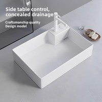 Évier de comptoir rectangulaire moderne en céramique avec drain latéral dissimulé, fixation monotrou pour usage domestique et buanderie