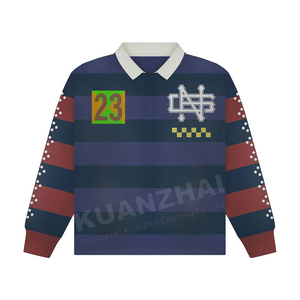 高品質カジュアル100% コットンニットボタンアップラグビーPolos刺繍カスタムラインストーン長袖ポロシャツメーカー - Product Image 1