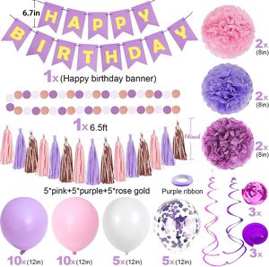 Décorations de fête d'<span class=keywords><strong>anniversaire</strong></span> rose violet pour femmes et filles avec bannière Joyeux <span class=keywords><strong>anniversaire</strong></span>, guirlandes en spirale, glands, ballons en latex - Product Image 4