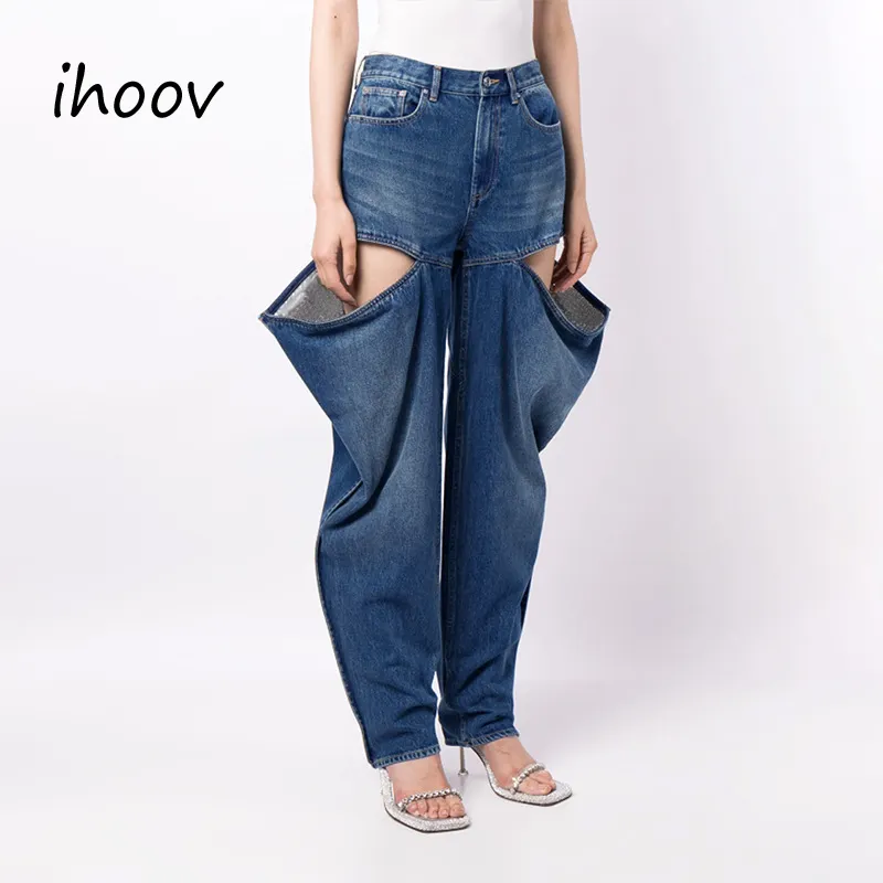 Fashion able Long Pants Stretchy Open thigh Cutout high-rise wide-leg jeans women