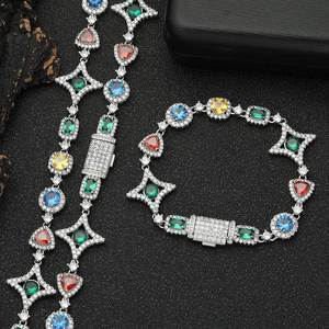 <span class=keywords><strong>Conjunto</strong></span> de Collar y Pulsera de Cadena de Bambú con Circonitas y Piedras Preciosas Coloridas de Aleación de Zinc, Estilo Hip-Hop, Joyería de Moda - Product Image 2