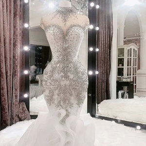 LY-WD0745 Abito da Sposa di Lusso Bianco Avorio Taglie Forti Stile Sirena con Cristalli Brillanti e Collo Alto <span class=keywords><strong>Corto</strong></span> - Product Image 3