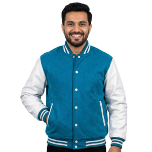 Sky Blue <b>White</b> Wool Letterman Varsity <b>Jacket</b> Real Leather Sleeves Plain Design Customizable CollegeBaseballjacket for <b>men</b> - Product Image 1