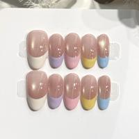Faux ongles ovales à presser, French manucure colorée bleu, jaune, rouge, menthe, faits main, avec strass et pois colorés, 10 pièces