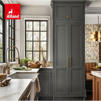 Comptoir de bar à café personnalisé Alland, armoire moderne entièrement bleue ou verte, style Shaker, armoires de cuisine laquées avec portes hautes en verre