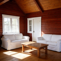 Cabane en bois modulaire miniature à 1 chambre, 38,44 m², style suédois, rouge, avec terrasse pour le glamping