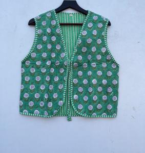 Handmade Cotton Puffer Quilted <b>Women's</b> V-Neck <b>Waistcoat</b> Casual Style Flower Printed Short Winter Vest for Outer Wear - Product Image 1