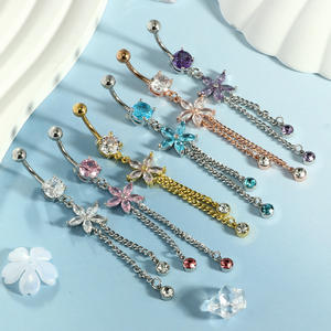 Bijou de <span class=keywords><strong>piercing</strong></span> pour femme, anneau de nombril en cuivre plaqué or, micro-incrustation de zircon coloré, motif fleur et pampille - Product Image 3