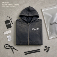 Sweat à capuche zippé RAMAX 460GSM épais en molleton gris foncé, style vintage, hiver, logo minimaliste, streetwear homme, personnalisable OEM ODM