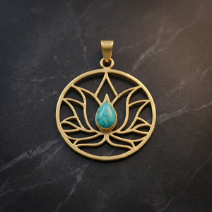 Classic Brass Lotus Pendant Necklace for Women with Turquoise Stone Bezel Setting Gift - Product Image 1