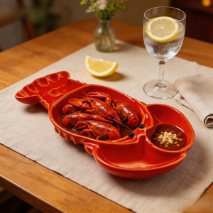 Assiette en céramique en forme <span class=keywords><strong>de</strong></span> <span class=keywords><strong>homard</strong></span> rouge, <span class=keywords><strong>plateau</strong></span> <span class=keywords><strong>de</strong></span> service pour <span class=keywords><strong>fruits</strong></span> <span class=keywords><strong>de</strong></span> <span class=keywords><strong>mer</strong></span>, <span class=keywords><strong>plateau</strong></span> à collation à 2 compartiments, vaisselle pour restaurant et fête - Product Image 1