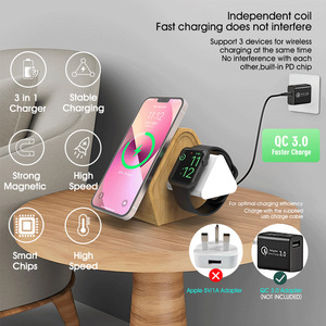 Chargeur sans fil magnétique 3 en 1 15W, support de charge en bois à <span class=keywords><strong>induction</strong></span> pour téléphone et montre connectée - Product Image 5