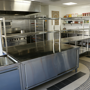 Meja Kerja Stainless Steel Komersial HELAXEN Kaki Tinggi Dapat Disesuaikan Bahan Food Grade Kapasitas Beban 300kg/m untuk Dapur - Product Image 3