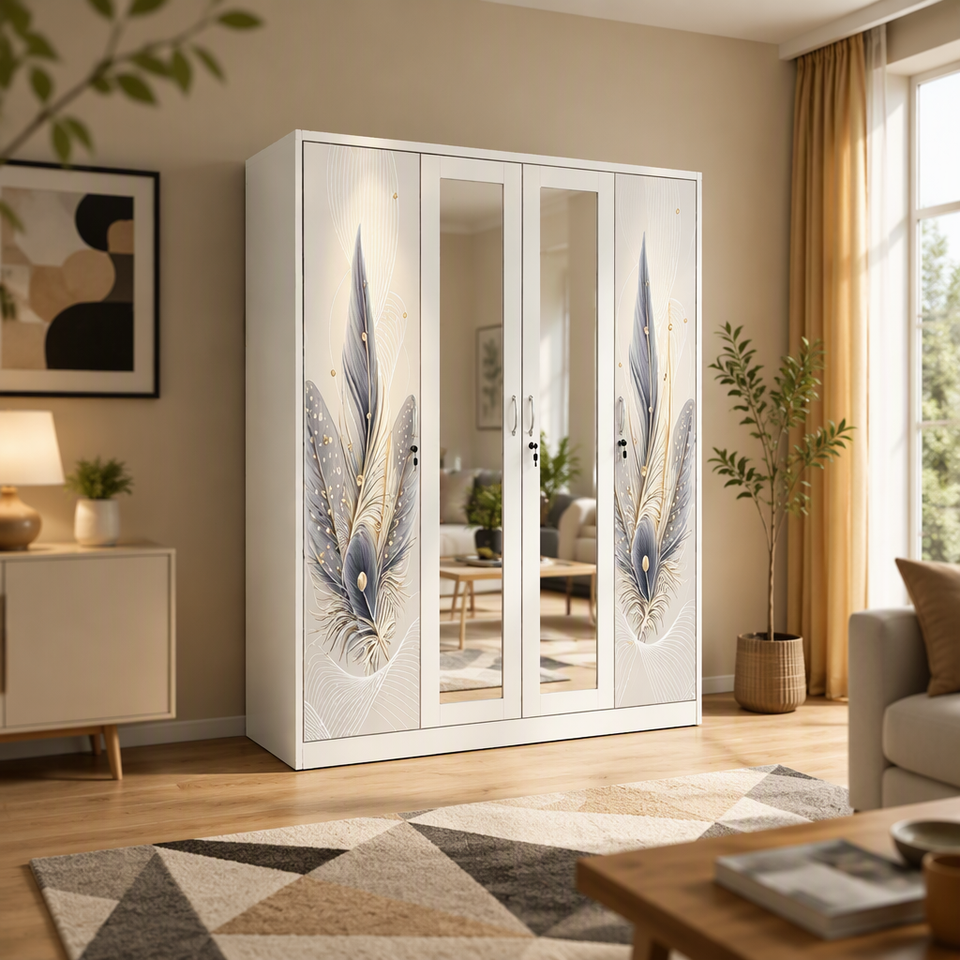 4 Door Metal Wardrobe Sliding Door Closet with Mirror Hanging Rod ...