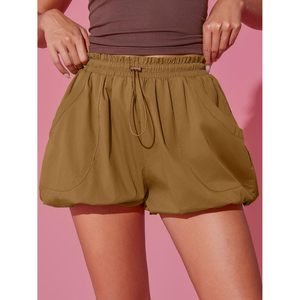 Fisoew Womens High <b>Waisted</b> Bubble Shorts Drawstring <b>Elastic</b> With Pockets Brown Athletic Summer Workout Shorts - Product Image 5