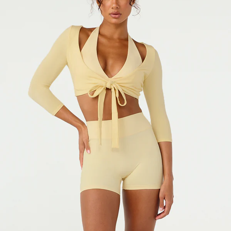 OEM Women Deep V Neckline Self Tie Waist Active Wear Solid Three Quarter Sleeves Yoga Shirt Adjustable Ballet Wrap Yoga Crop Top