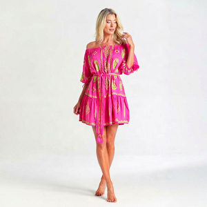 Robe d'été décontractée pour femme en mousseline de soie, style bohème, coupe trapèze courte, avec motif géométrique brodé, détails à pampilles et superposition transparente - Product Image 1
