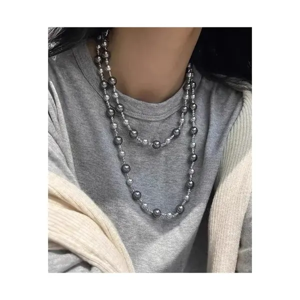 Zooying mode lumière luxe dégradé noir gris perle collier longue clavicule chaîne chandail chaîne