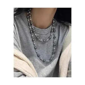 zooying Fashion light luxury gradient black grey pearl necklace long collarbone chain sweater chain